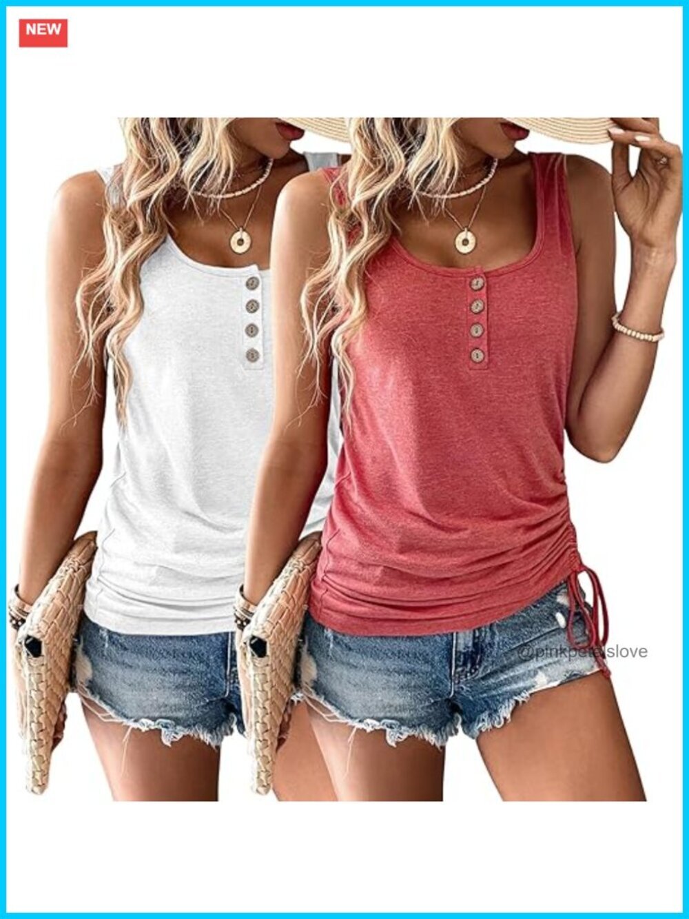 2 Pack Women Sleeveless U Neck Button Henley Tank Tops
